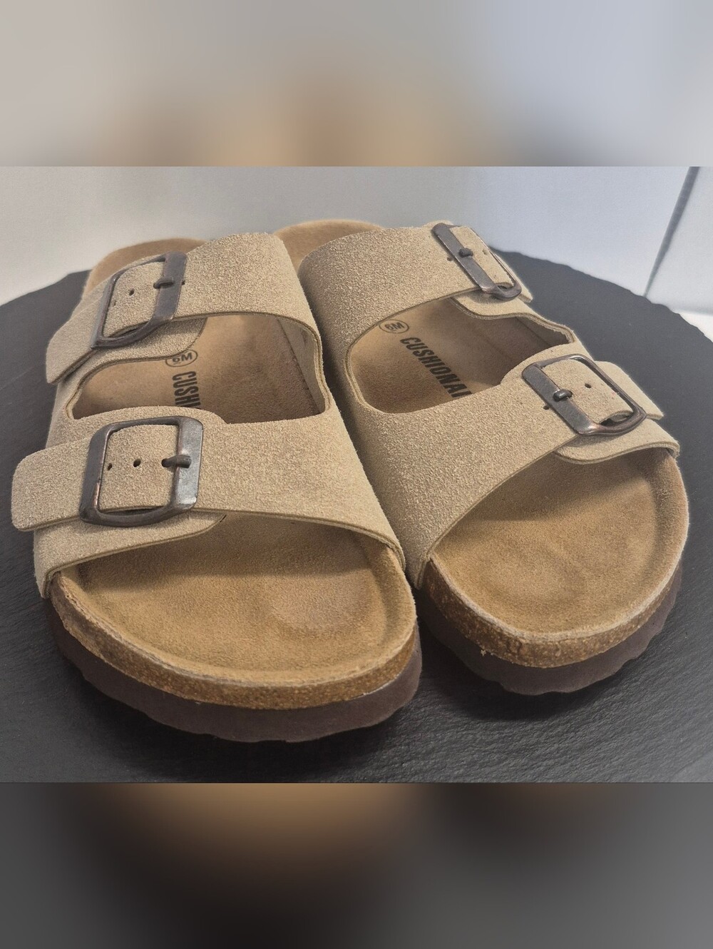 Women's Suede Double-Buckle Sandals in Beige
